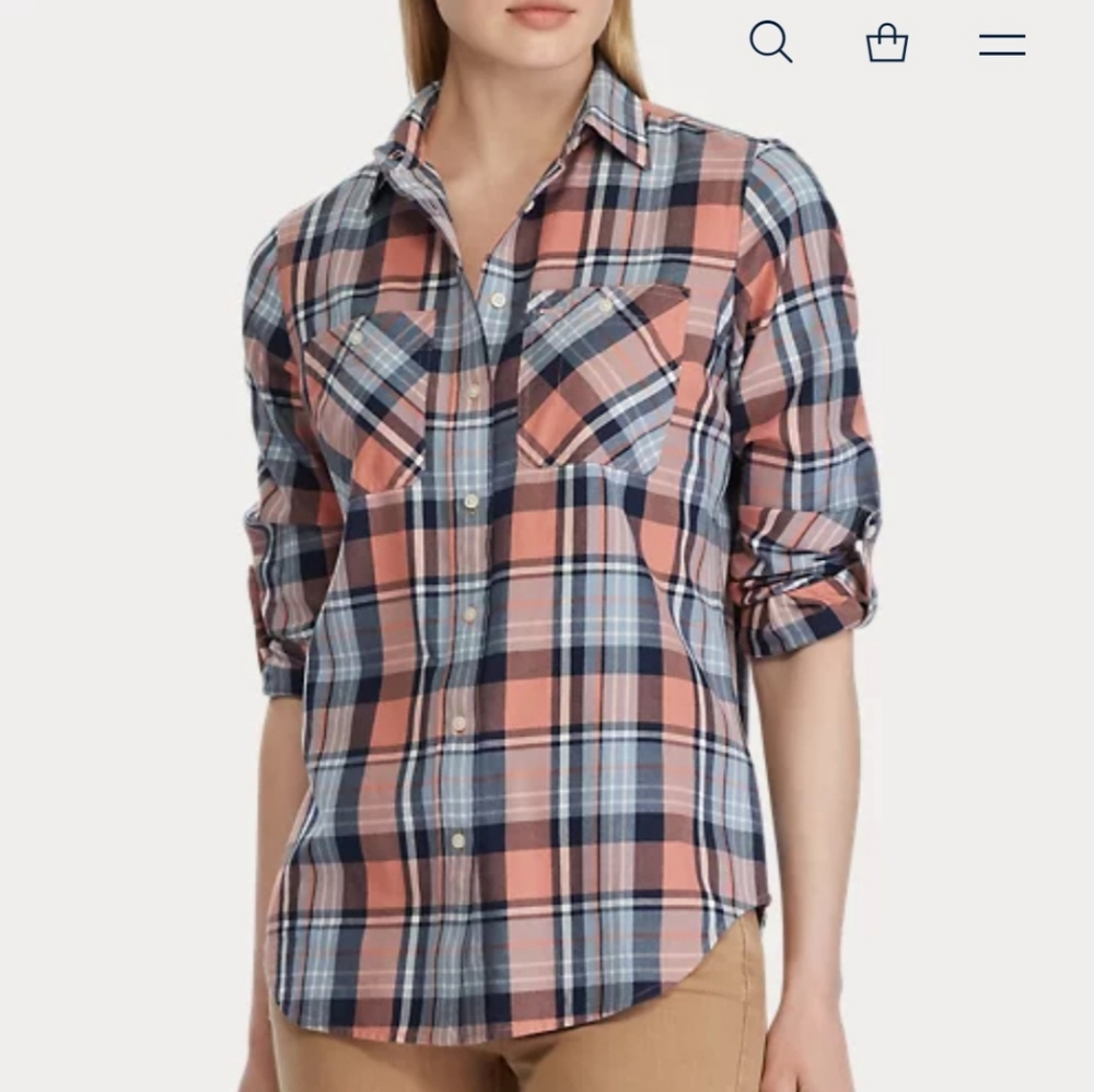 LAUREN Plaid Flannel Shirt. Blue/pink. LARGE
